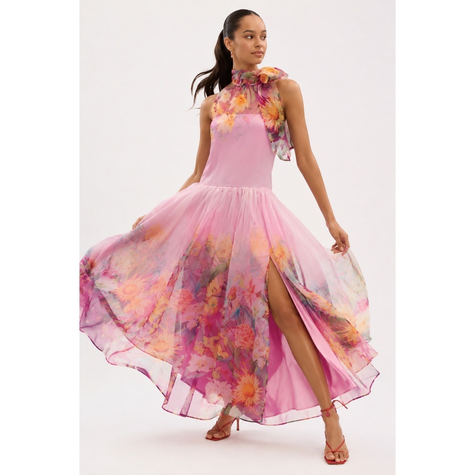 Bhldn Nwt Anthropologie Kendall Dress Pink Floral Chiffon Maxi High Neck Bow- M